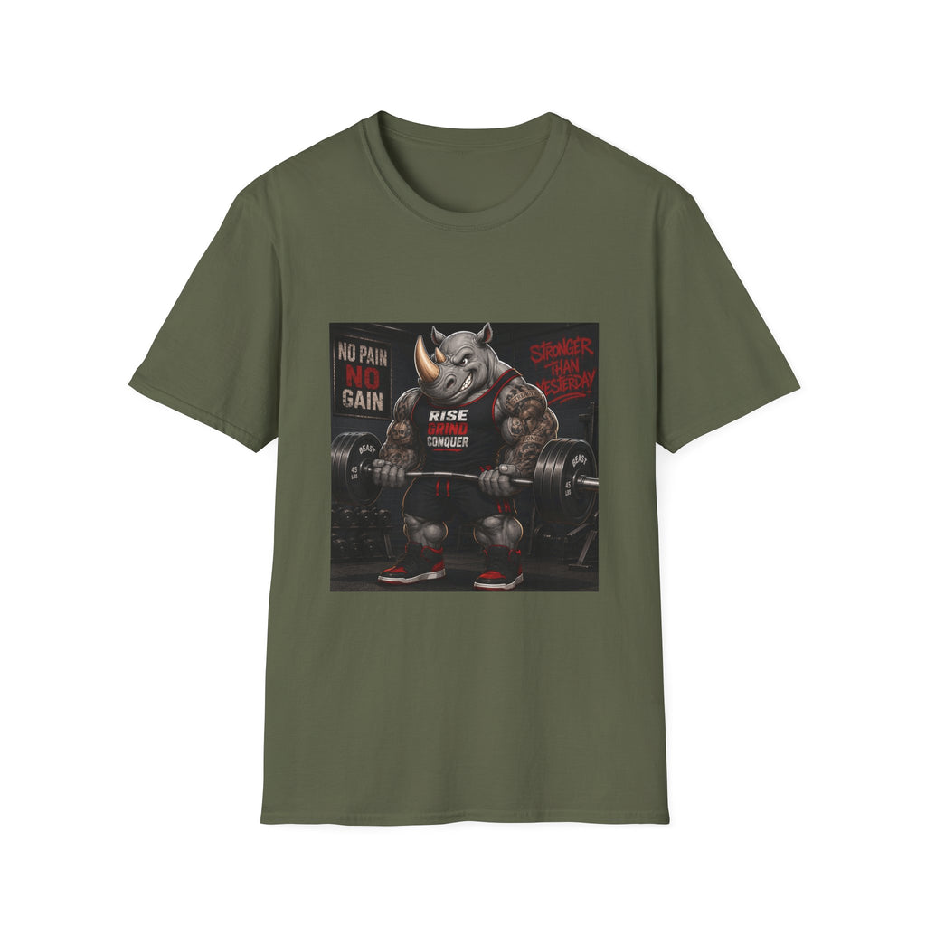 "No Pain No Gain / Rise Grind Conquer" Gym Tee