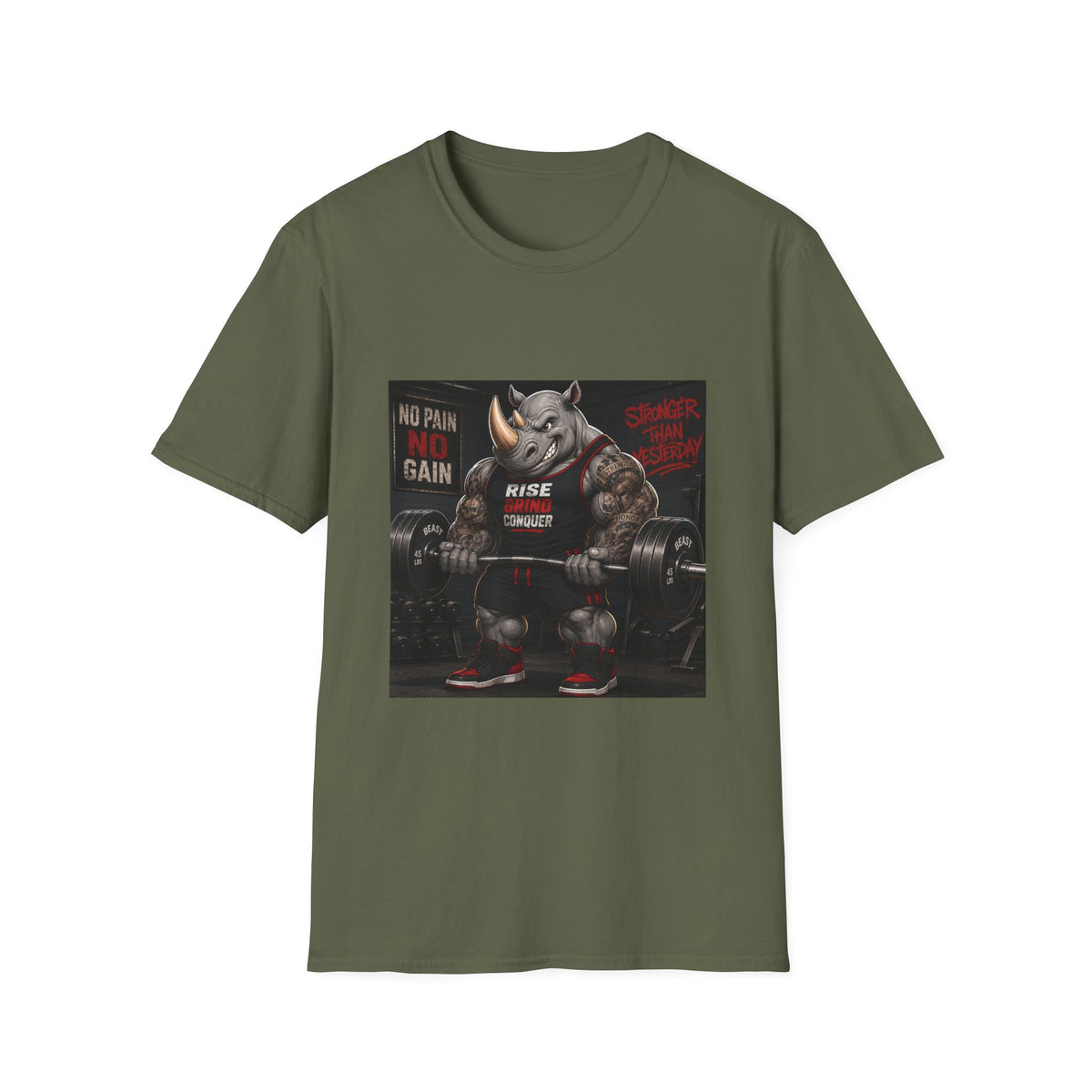 "No Pain No Gain / Rise Grind Conquer" Gym Tee