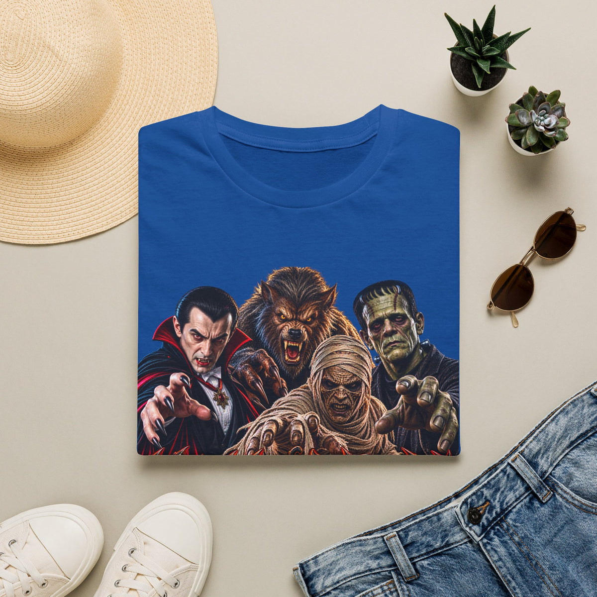 Halloween Classic Monsters T‑Shirt — Dracula, Werewolf, Mummy & Frankenstein Tee
