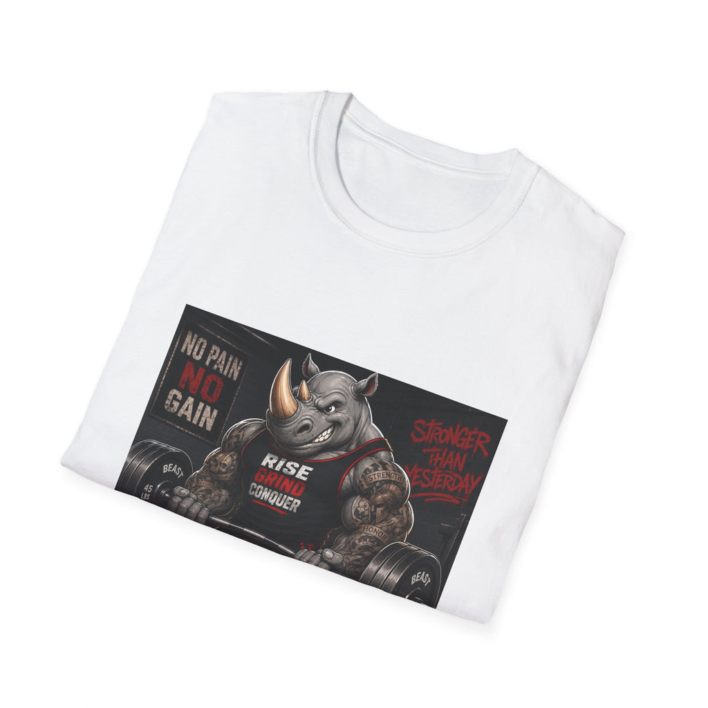 "No Pain No Gain / Rise Grind Conquer" Gym Tee
