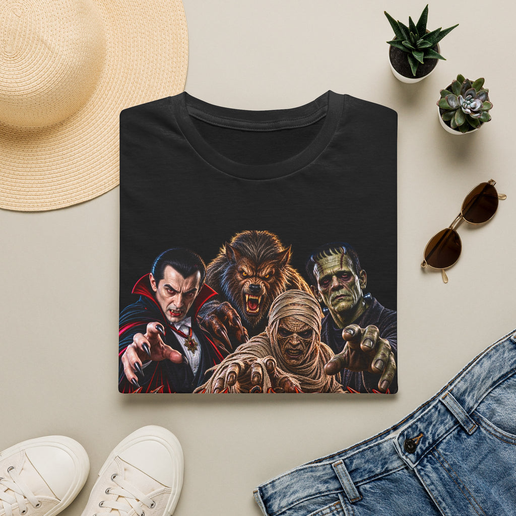 Halloween Classic Monsters T‑Shirt — Dracula, Werewolf, Mummy & Frankenstein Tee