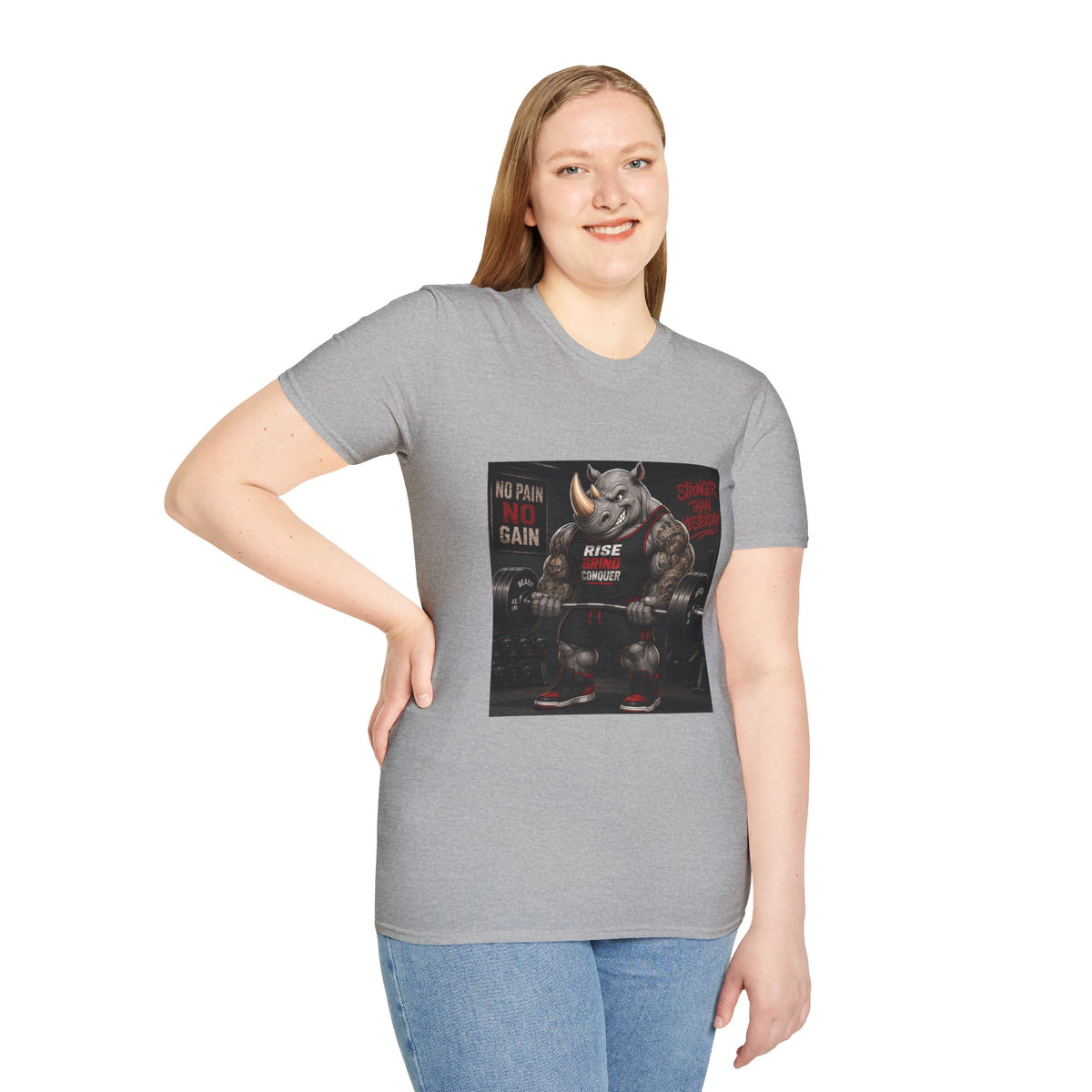 "No Pain No Gain / Rise Grind Conquer" Gym Tee