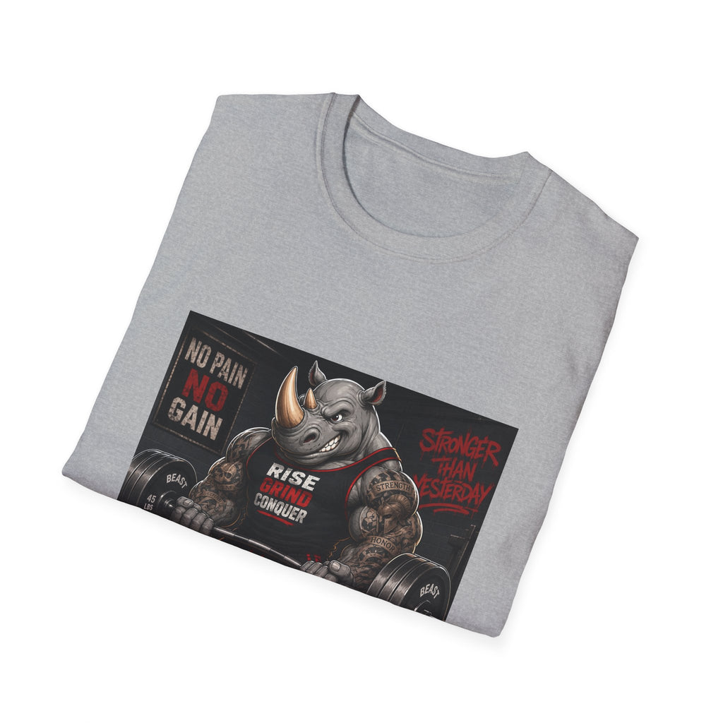 "No Pain No Gain / Rise Grind Conquer" Gym Tee