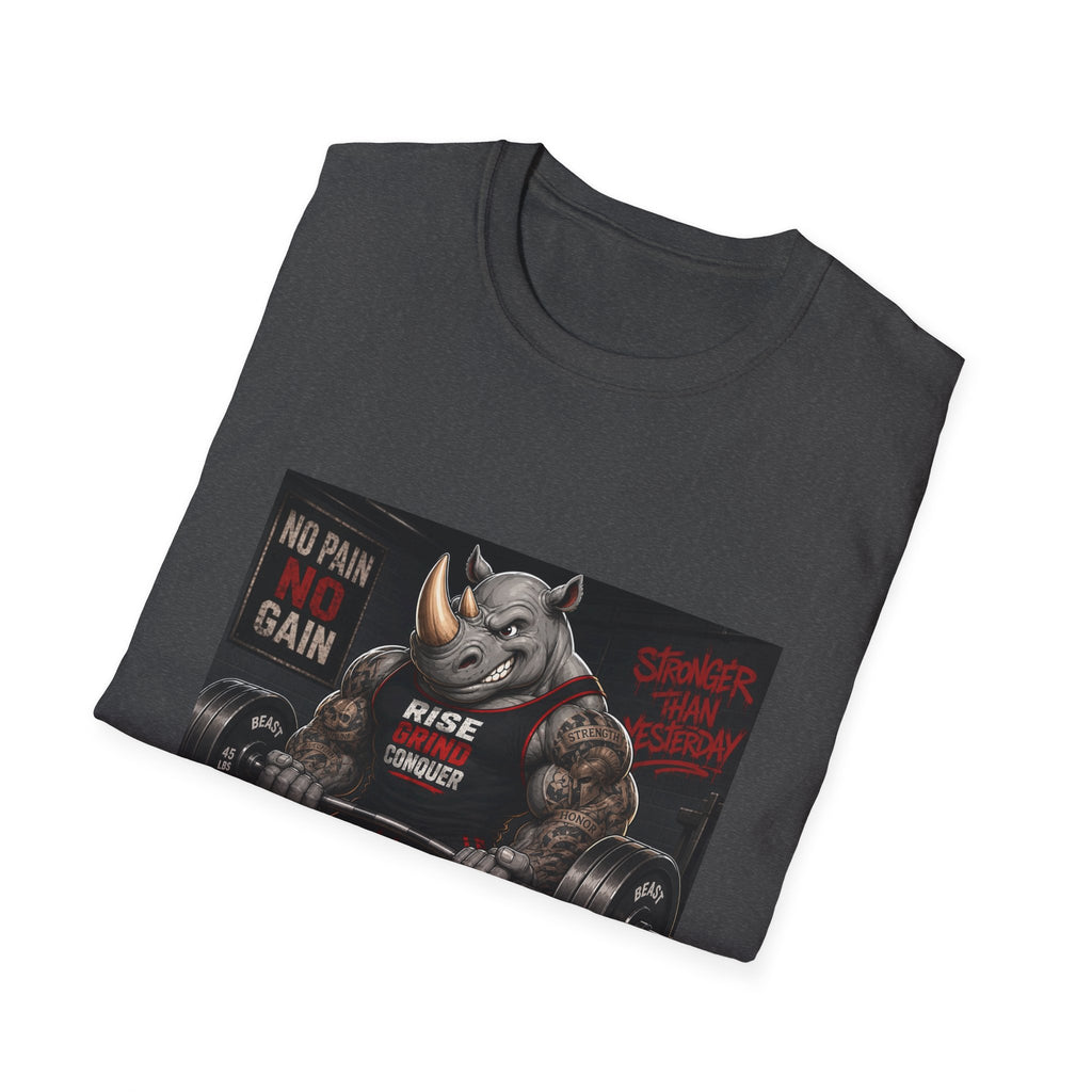 "No Pain No Gain / Rise Grind Conquer" Gym Tee