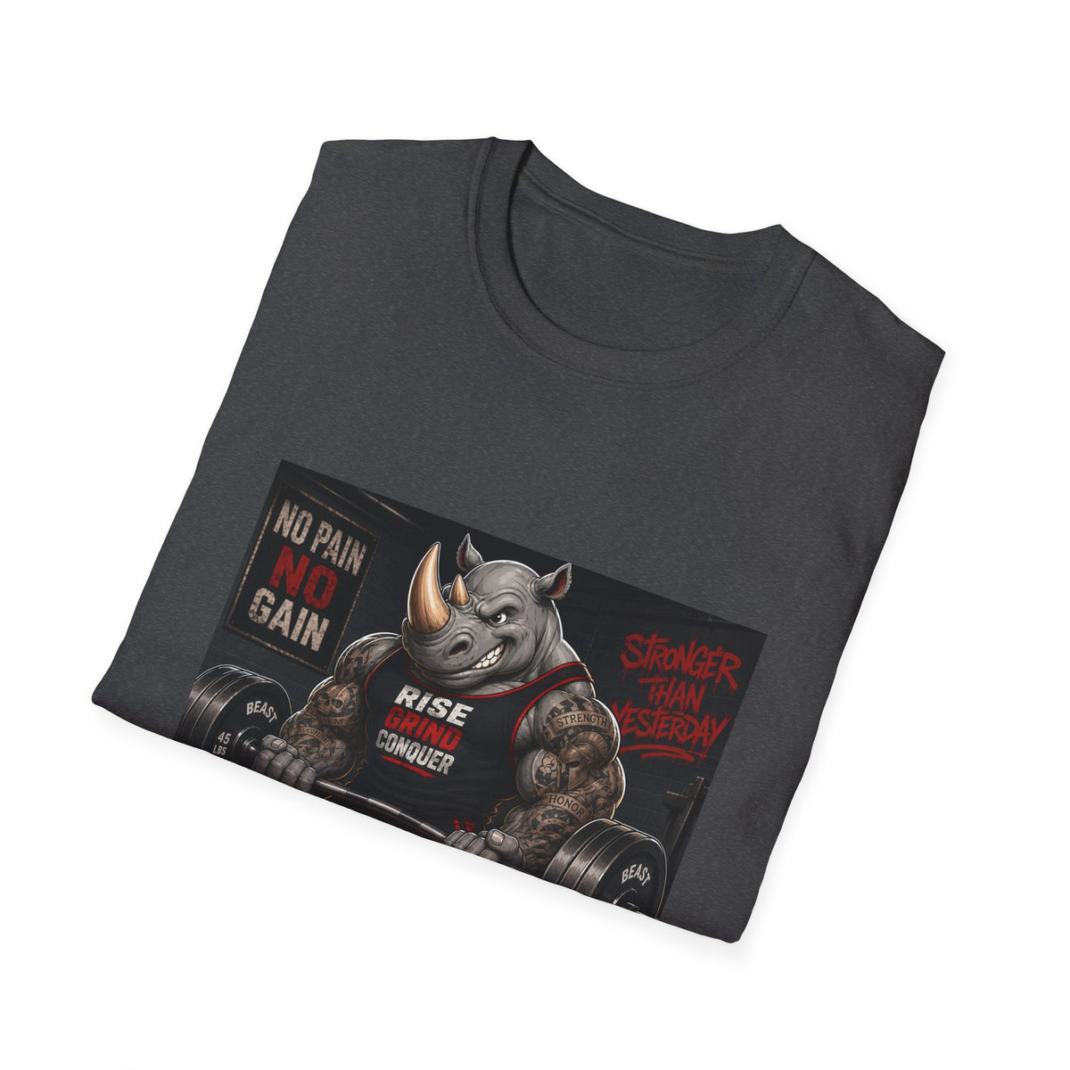 "No Pain No Gain / Rise Grind Conquer" Gym Tee