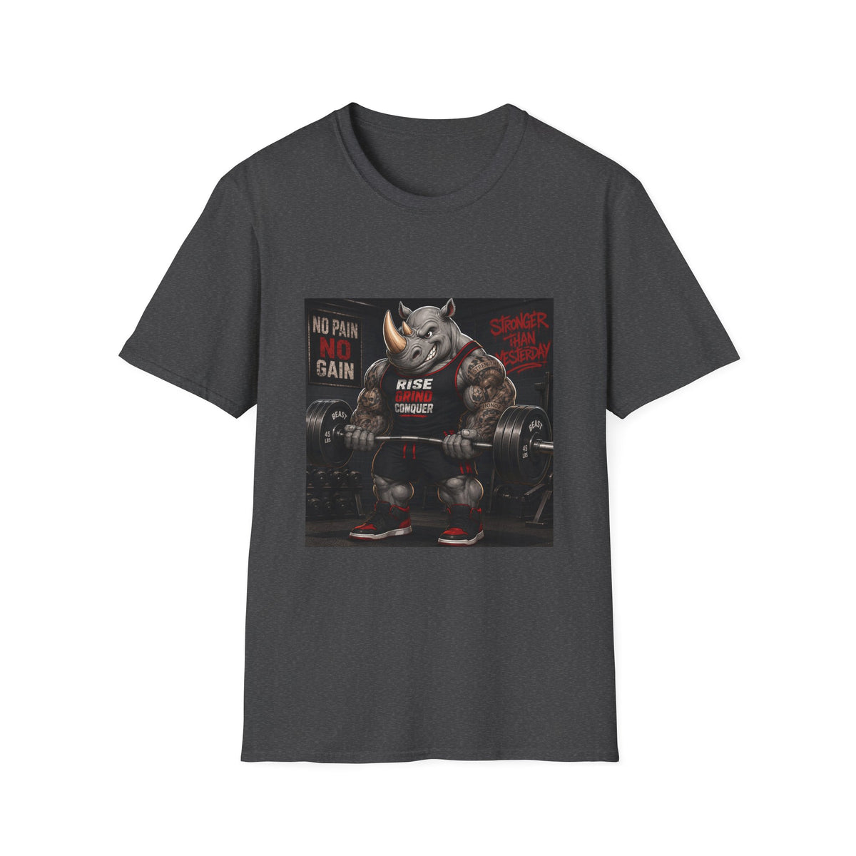 "No Pain No Gain / Rise Grind Conquer" Gym Tee