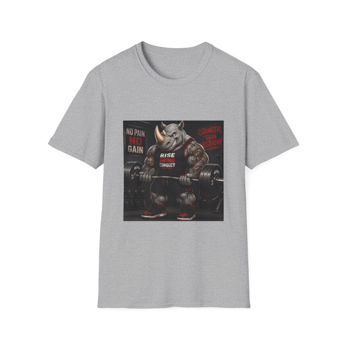 "No Pain No Gain / Rise Grind Conquer" Gym Tee