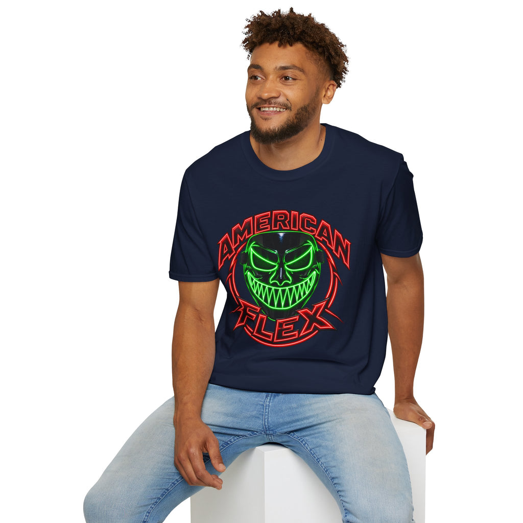 American Flex Graphic T-Shirt — Neon Skull Patriotic Streetwear