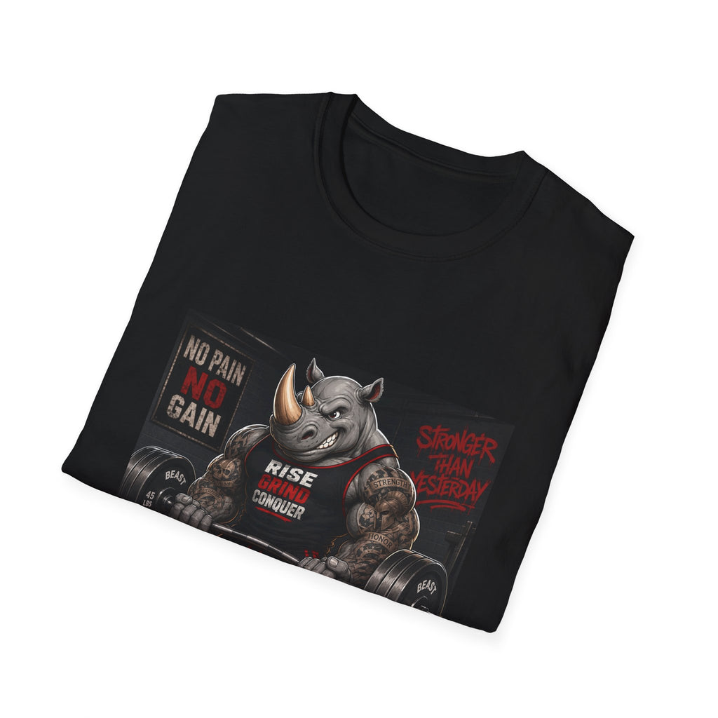 "No Pain No Gain / Rise Grind Conquer" Gym Tee