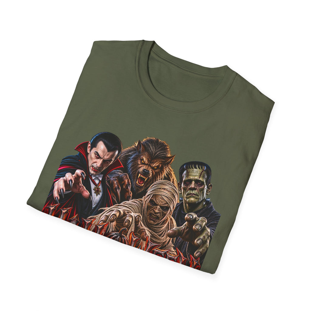 Halloween Classic Monsters T‑Shirt — Dracula, Werewolf, Mummy & Frankenstein Tee