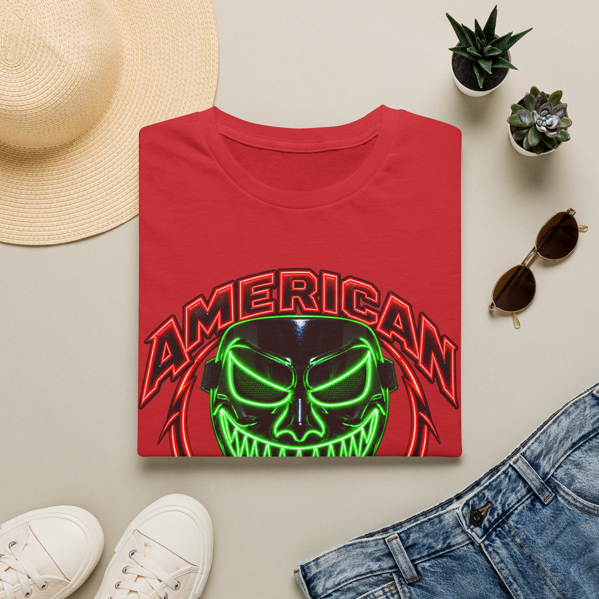 American Flex Graphic T-Shirt — Neon Skull Patriotic Streetwear