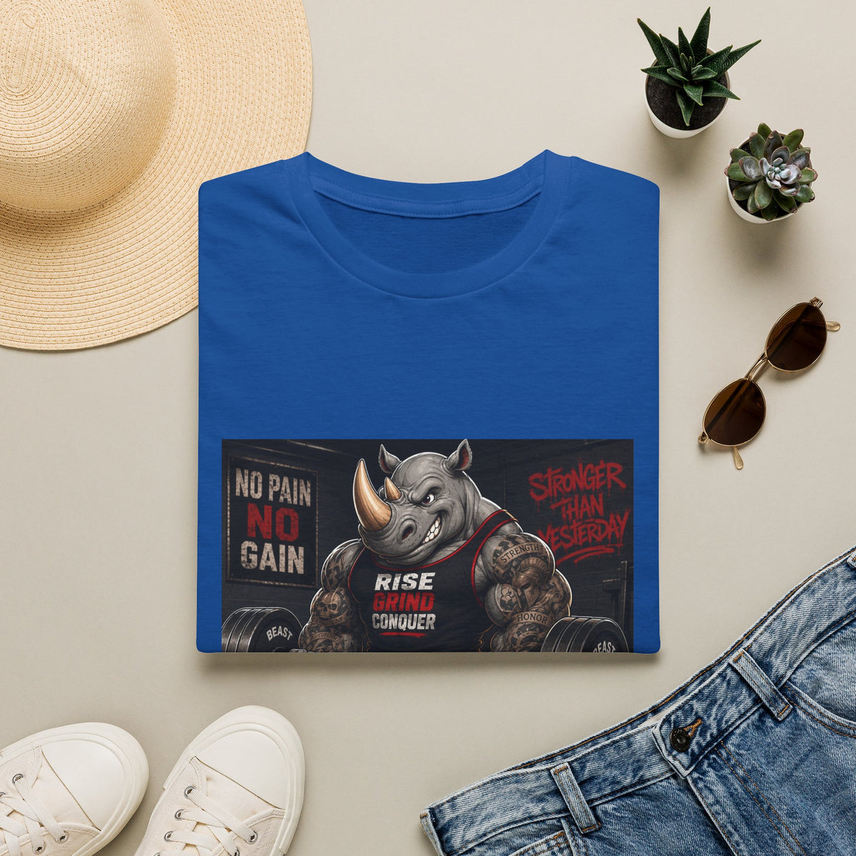 "No Pain No Gain / Rise Grind Conquer" Gym Tee