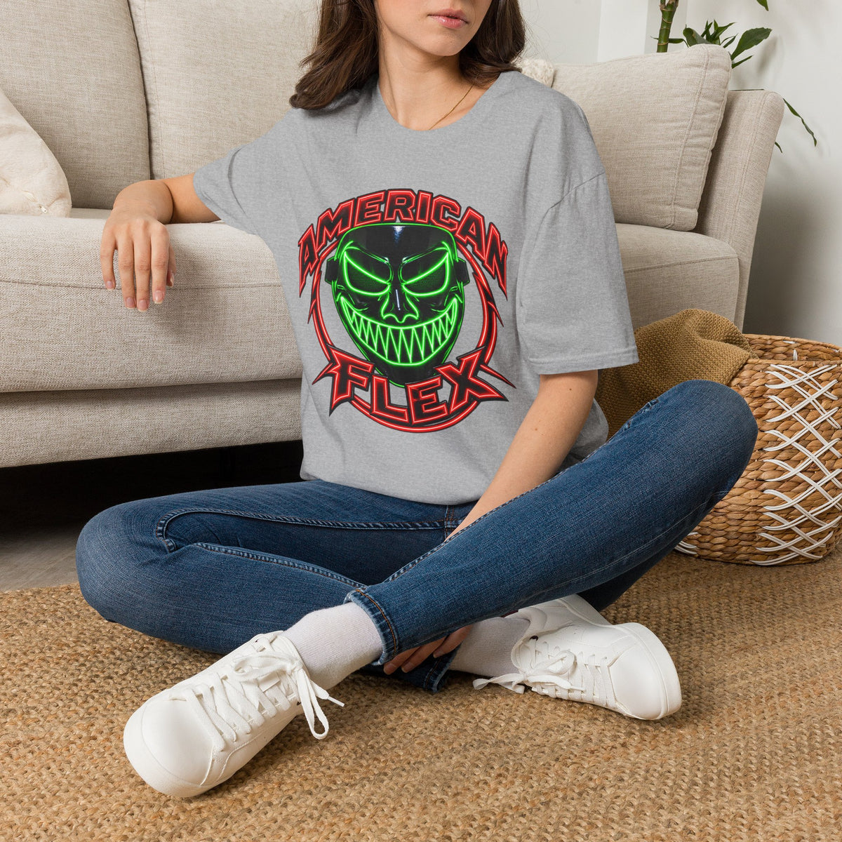 American Flex Graphic T-Shirt — Neon Skull Patriotic Streetwear
