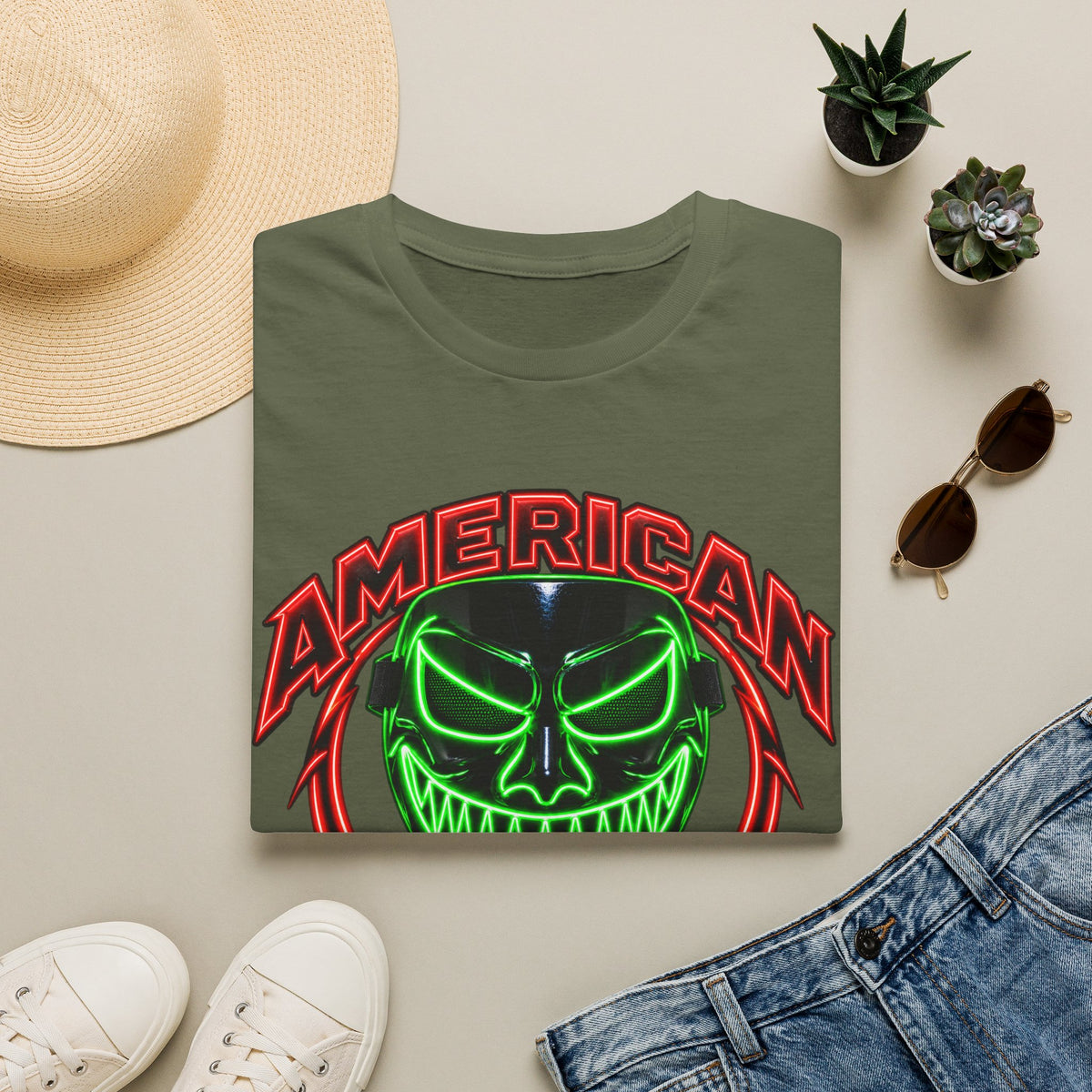 American Flex Graphic T-Shirt — Neon Skull Patriotic Streetwear
