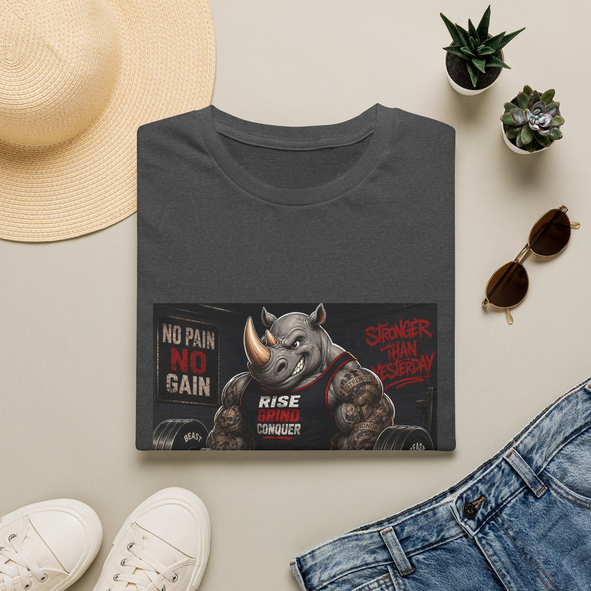 "No Pain No Gain / Rise Grind Conquer" Gym Tee