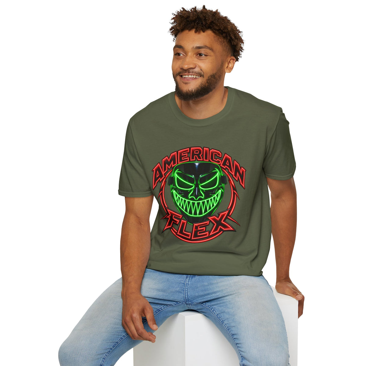 American Flex Graphic T-Shirt — Neon Skull Patriotic Streetwear