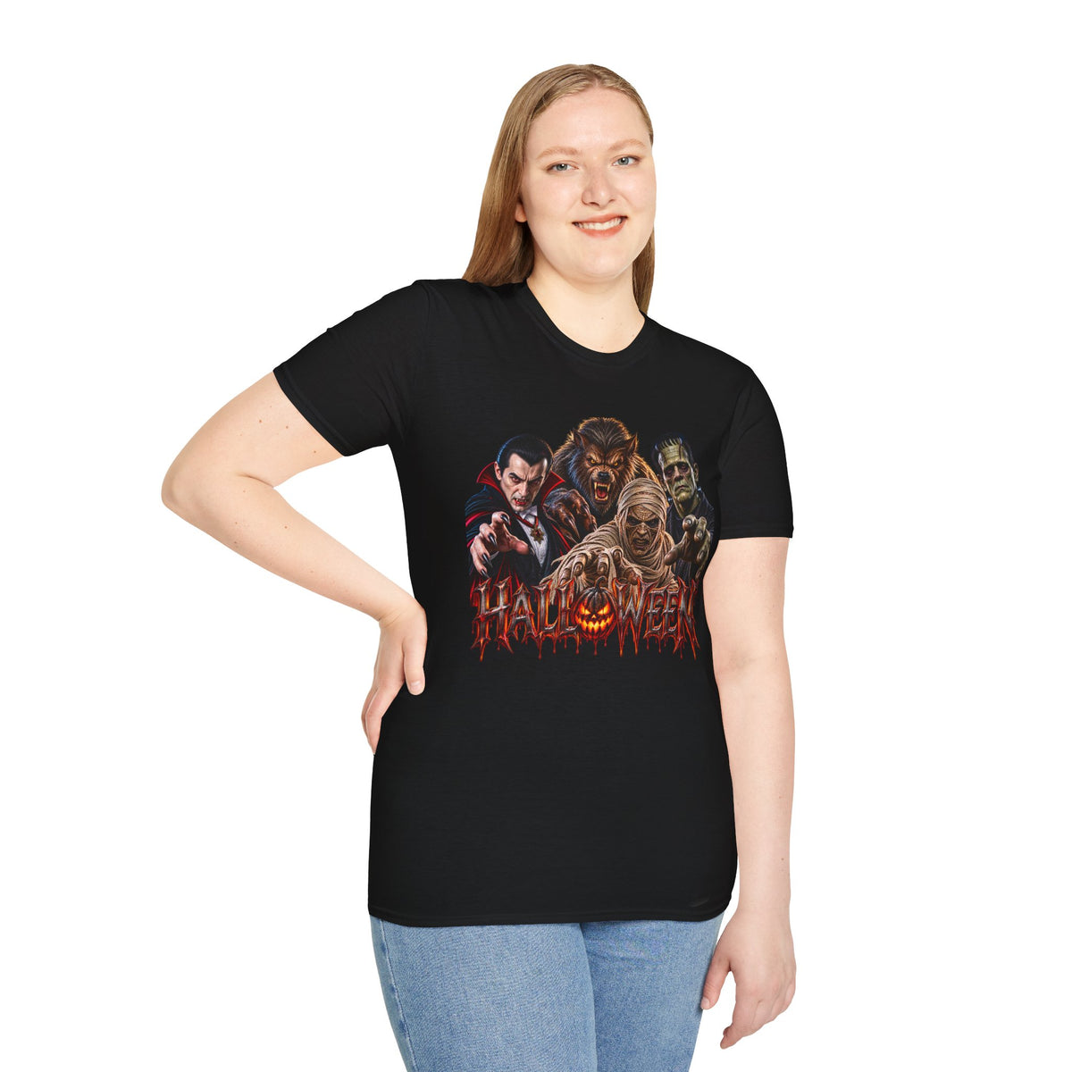 Halloween Classic Monsters T‑Shirt — Dracula, Werewolf, Mummy & Frankenstein Tee