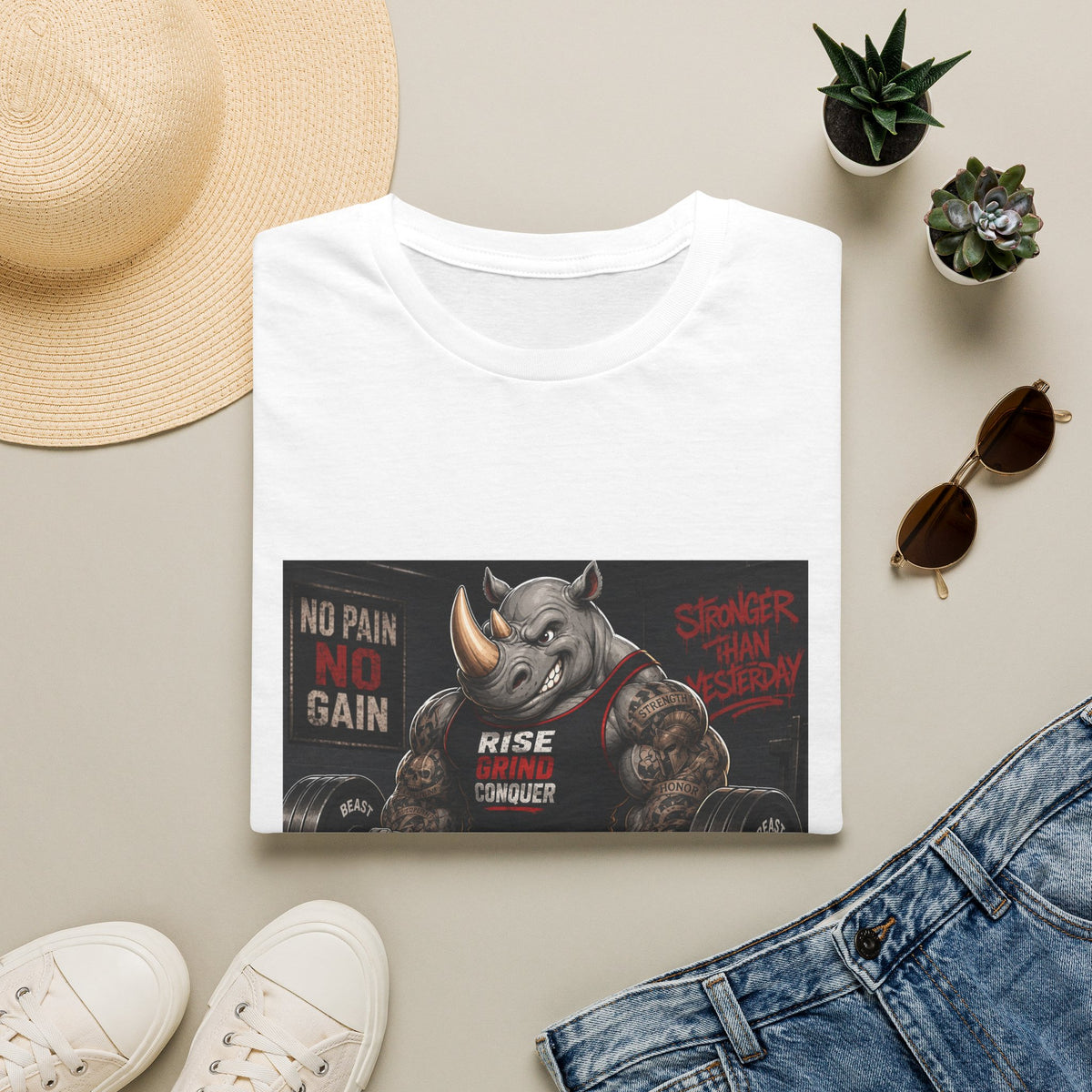 "No Pain No Gain / Rise Grind Conquer" Gym Tee