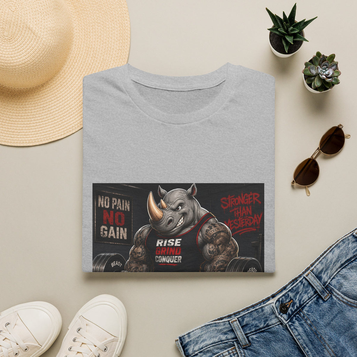 "No Pain No Gain / Rise Grind Conquer" Gym Tee