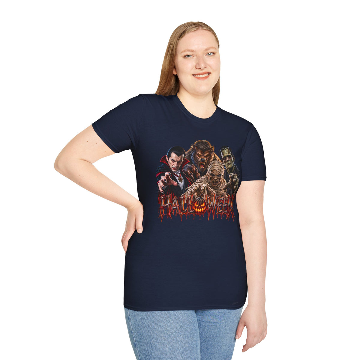 Halloween Classic Monsters T‑Shirt — Dracula, Werewolf, Mummy & Frankenstein Tee