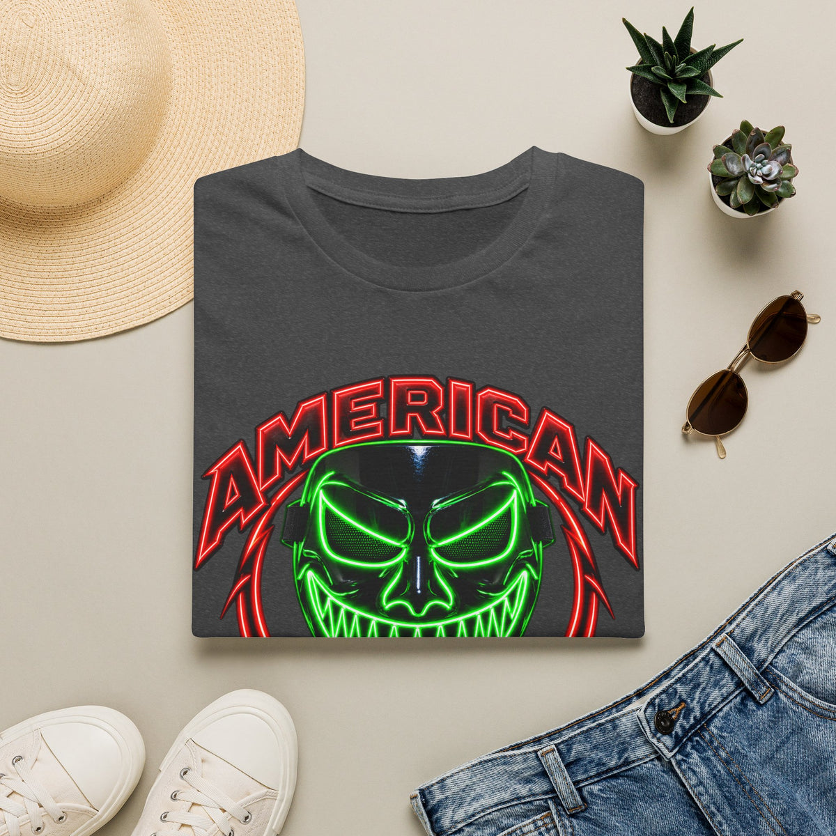 American Flex Graphic T-Shirt — Neon Skull Patriotic Streetwear