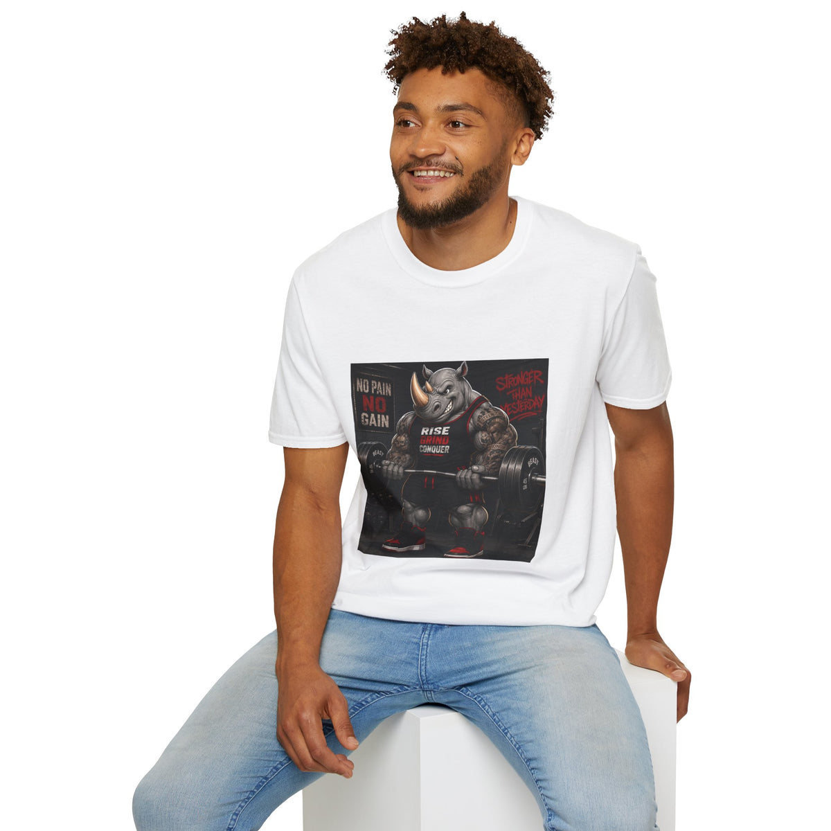 "No Pain No Gain / Rise Grind Conquer" Gym Tee