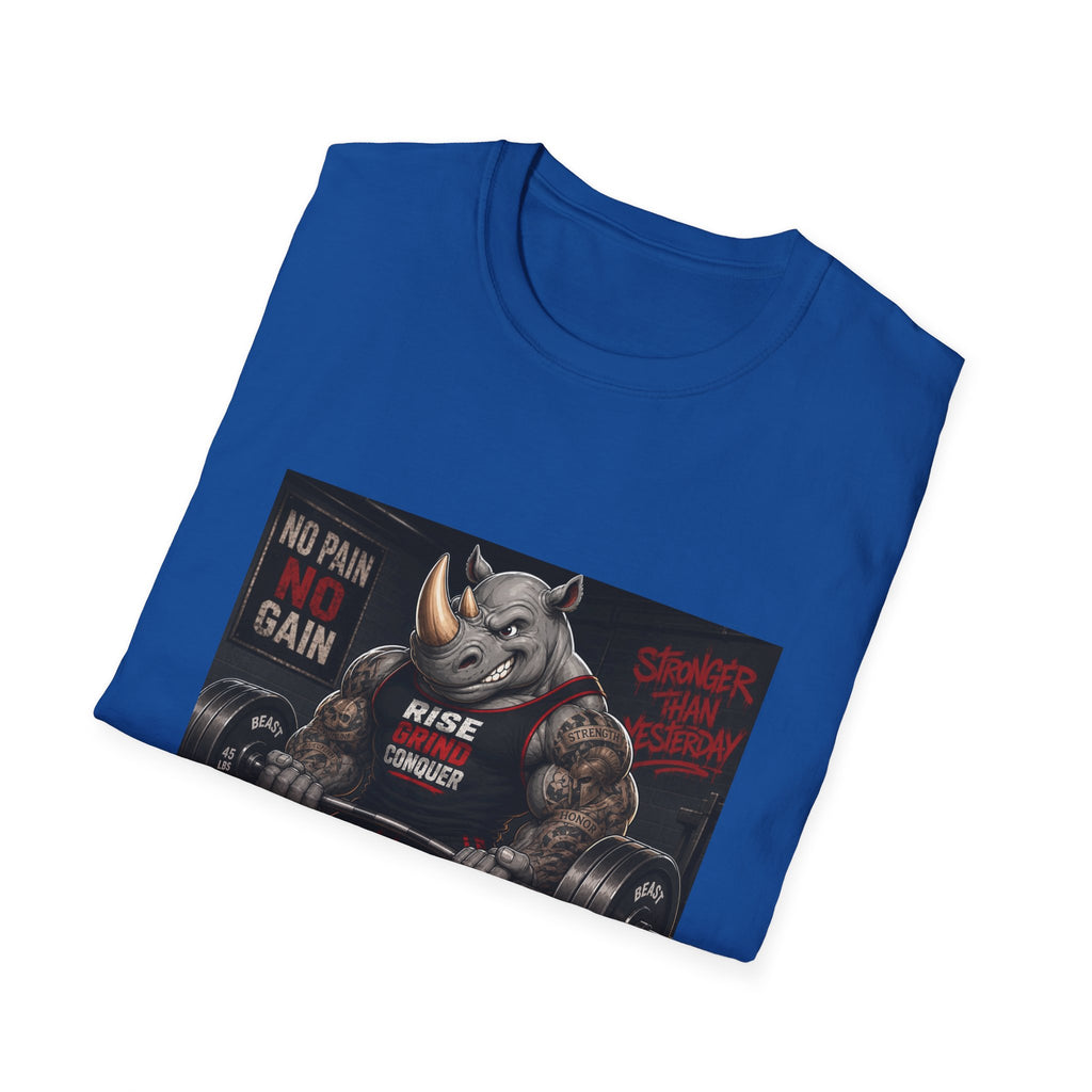 "No Pain No Gain / Rise Grind Conquer" Gym Tee