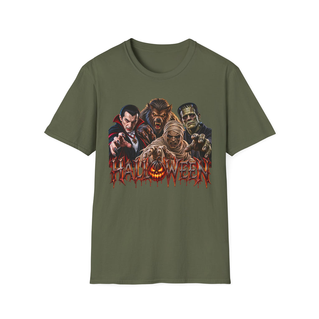 Halloween Classic Monsters T‑Shirt — Dracula, Werewolf, Mummy & Frankenstein Tee