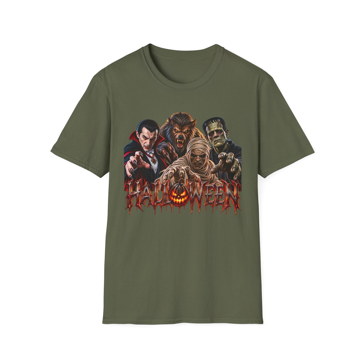 Halloween Classic Monsters T‑Shirt — Dracula, Werewolf, Mummy & Frankenstein Tee