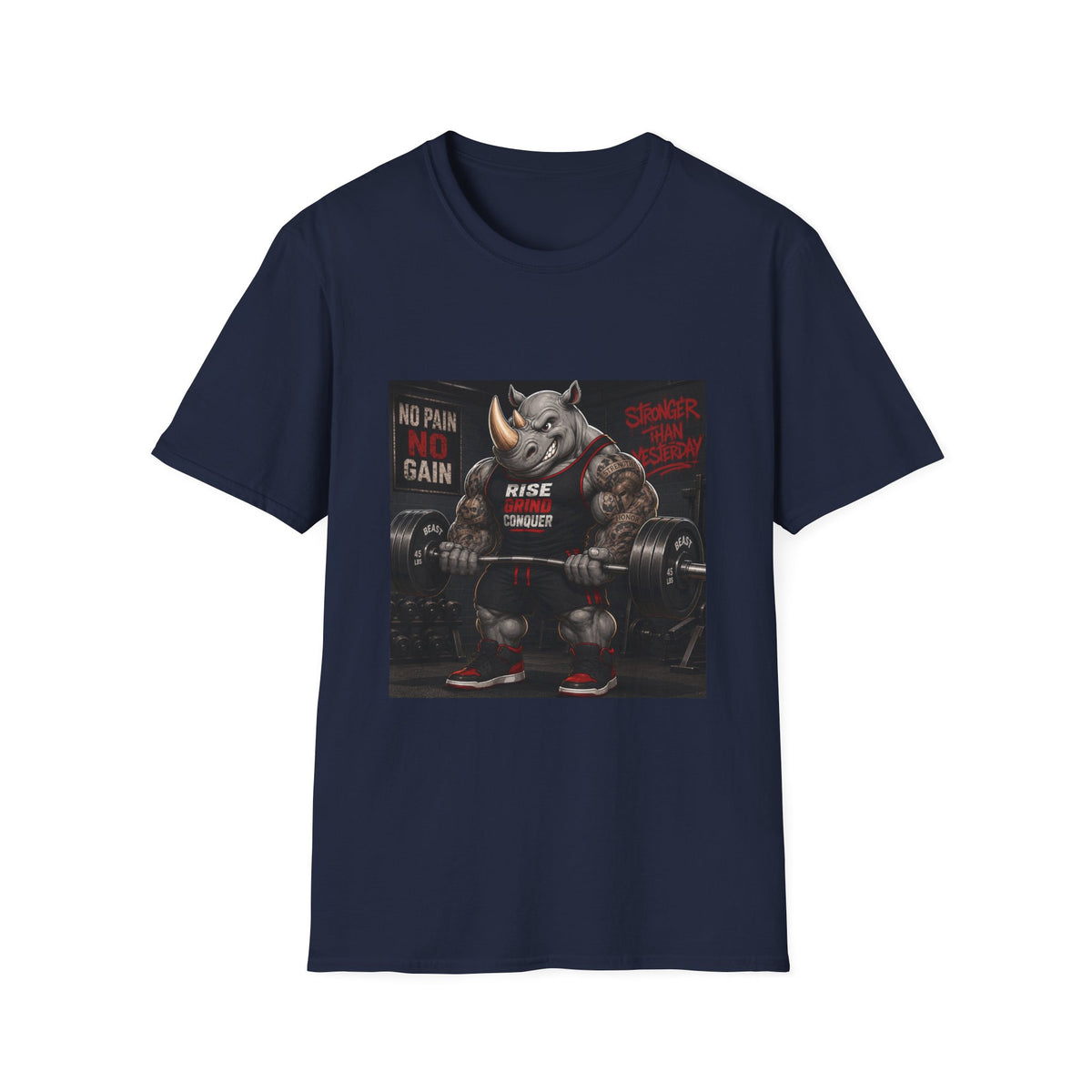 "No Pain No Gain / Rise Grind Conquer" Gym Tee