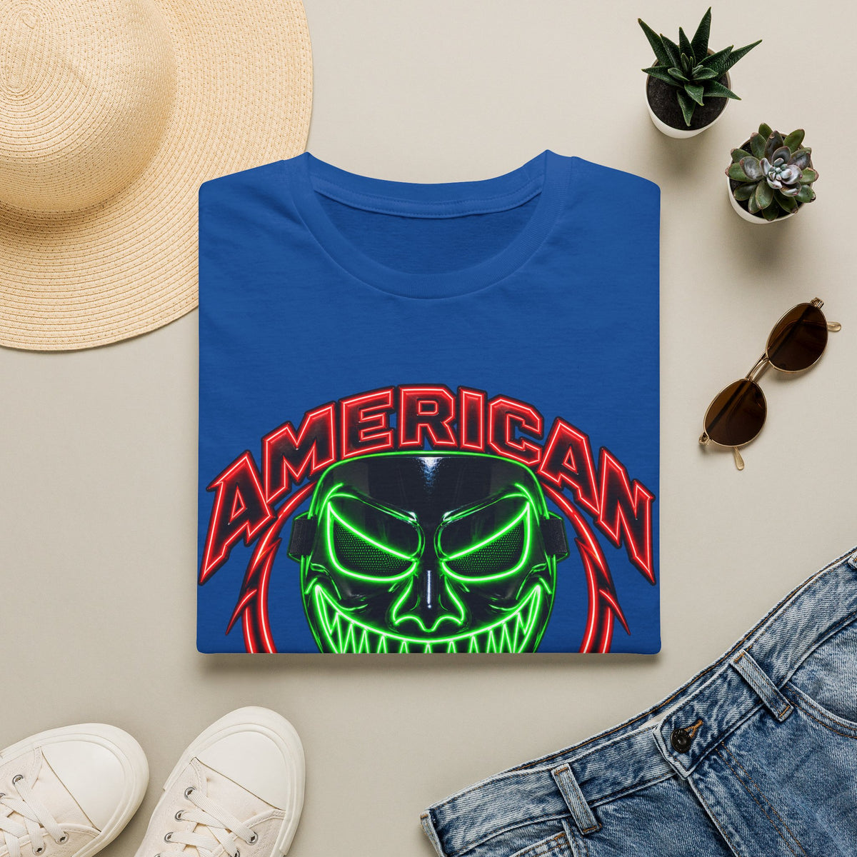 American Flex Graphic T-Shirt — Neon Skull Patriotic Streetwear