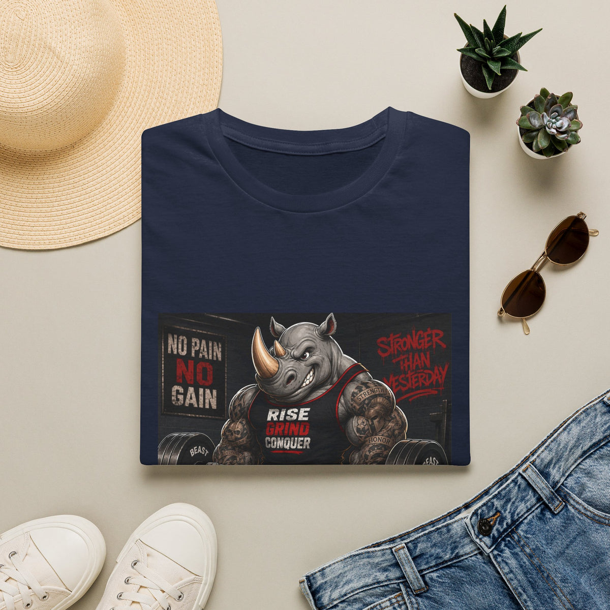 "No Pain No Gain / Rise Grind Conquer" Gym Tee