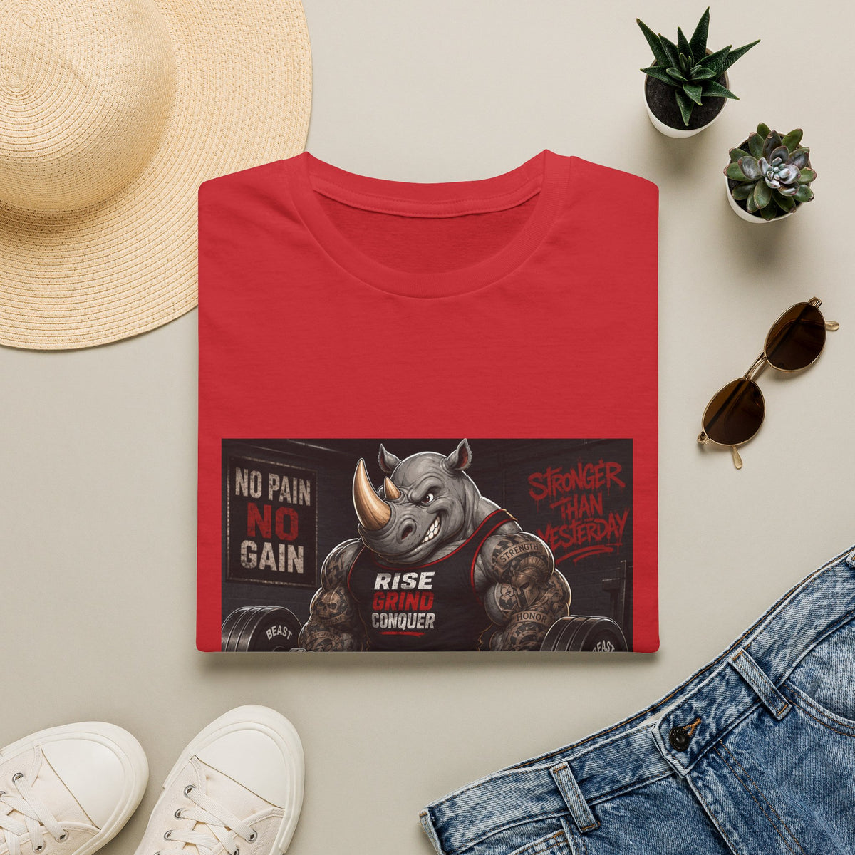 "No Pain No Gain / Rise Grind Conquer" Gym Tee