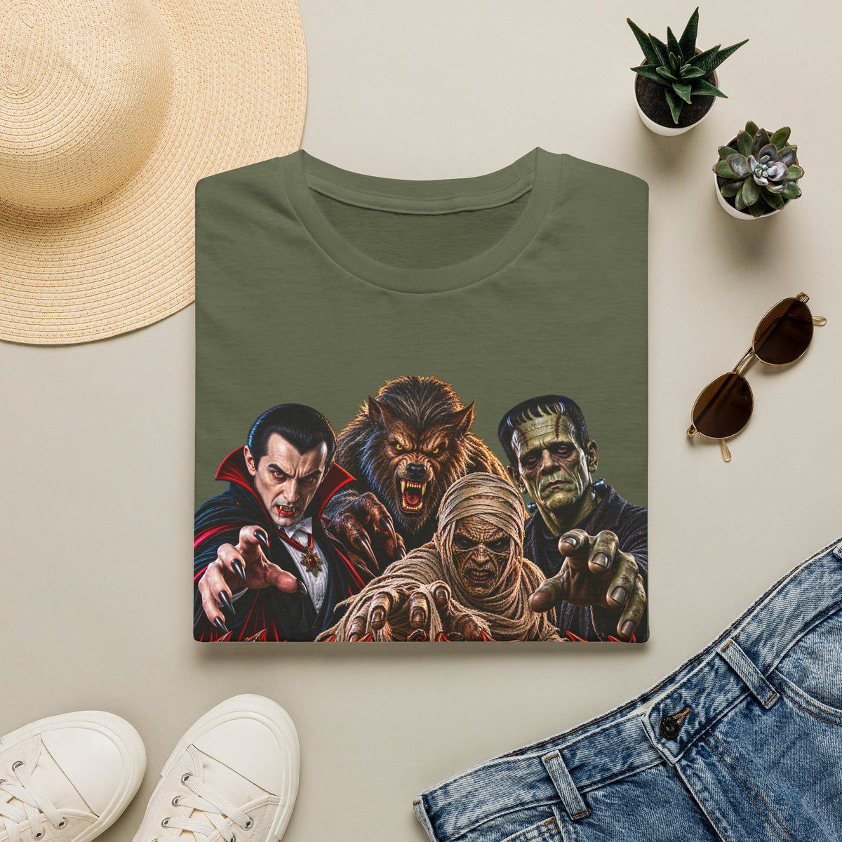 Halloween Classic Monsters T‑Shirt — Dracula, Werewolf, Mummy & Frankenstein Tee