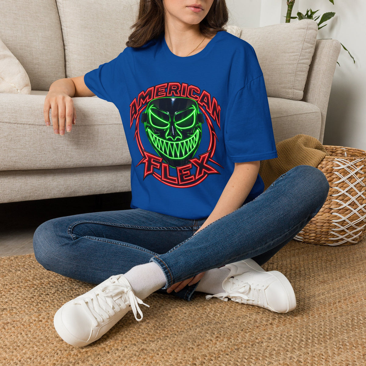 American Flex Graphic T-Shirt — Neon Skull Patriotic Streetwear