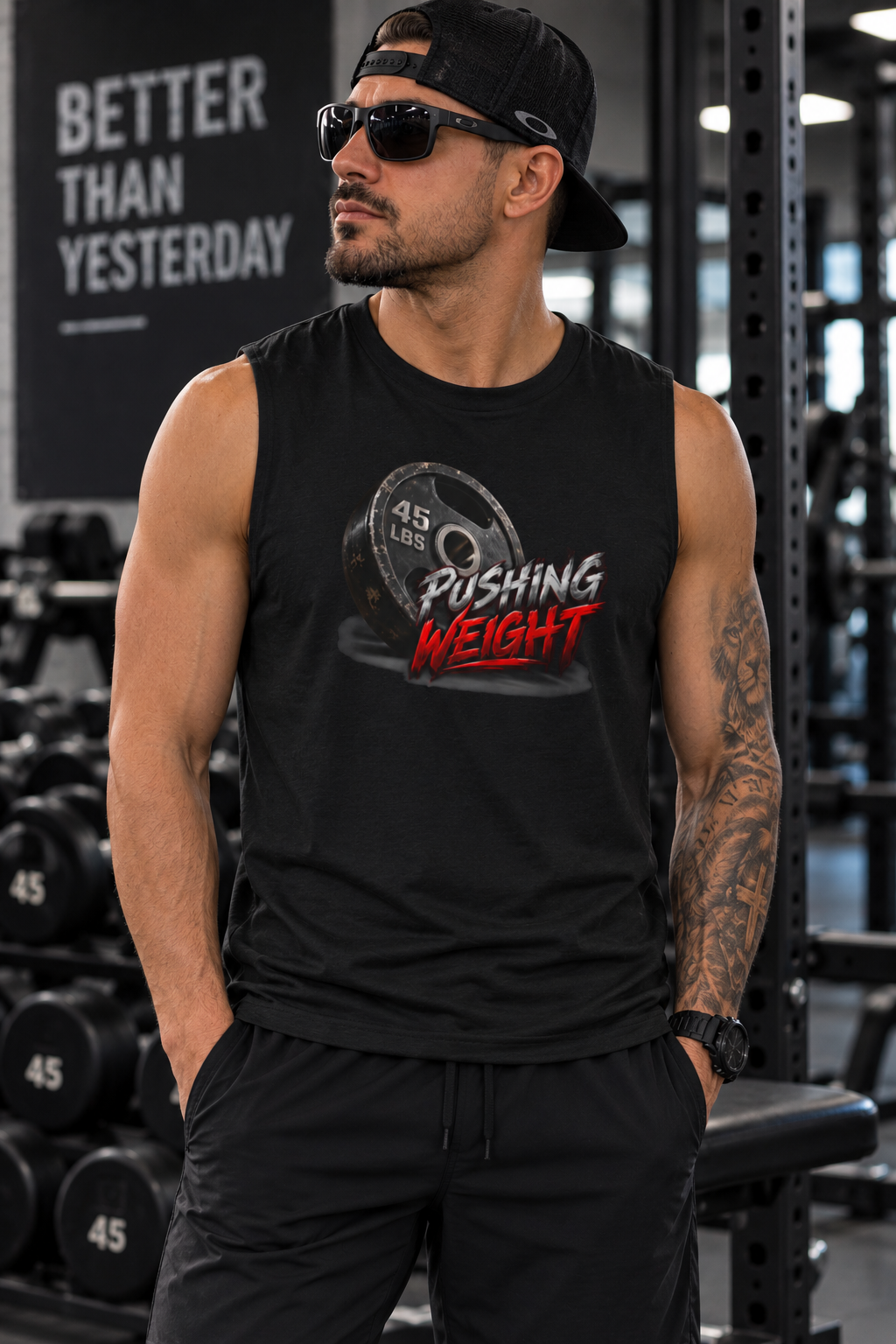 Pushing Weight Muscle Tank — Graphic Fitness Tank Top with 45 LB Plate