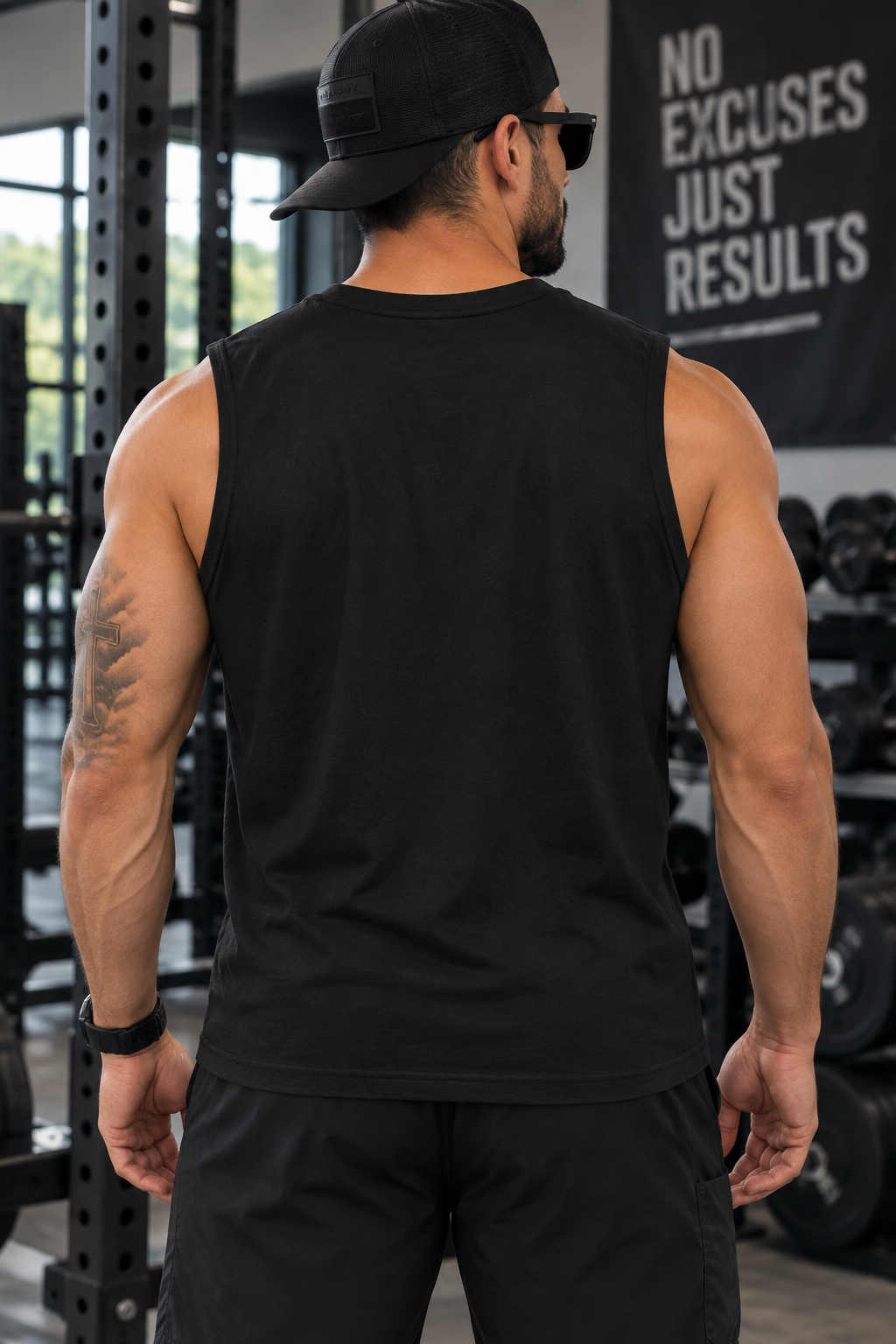 Pushing Weight Muscle Tank — Graphic Fitness Tank Top with 45 LB Plate