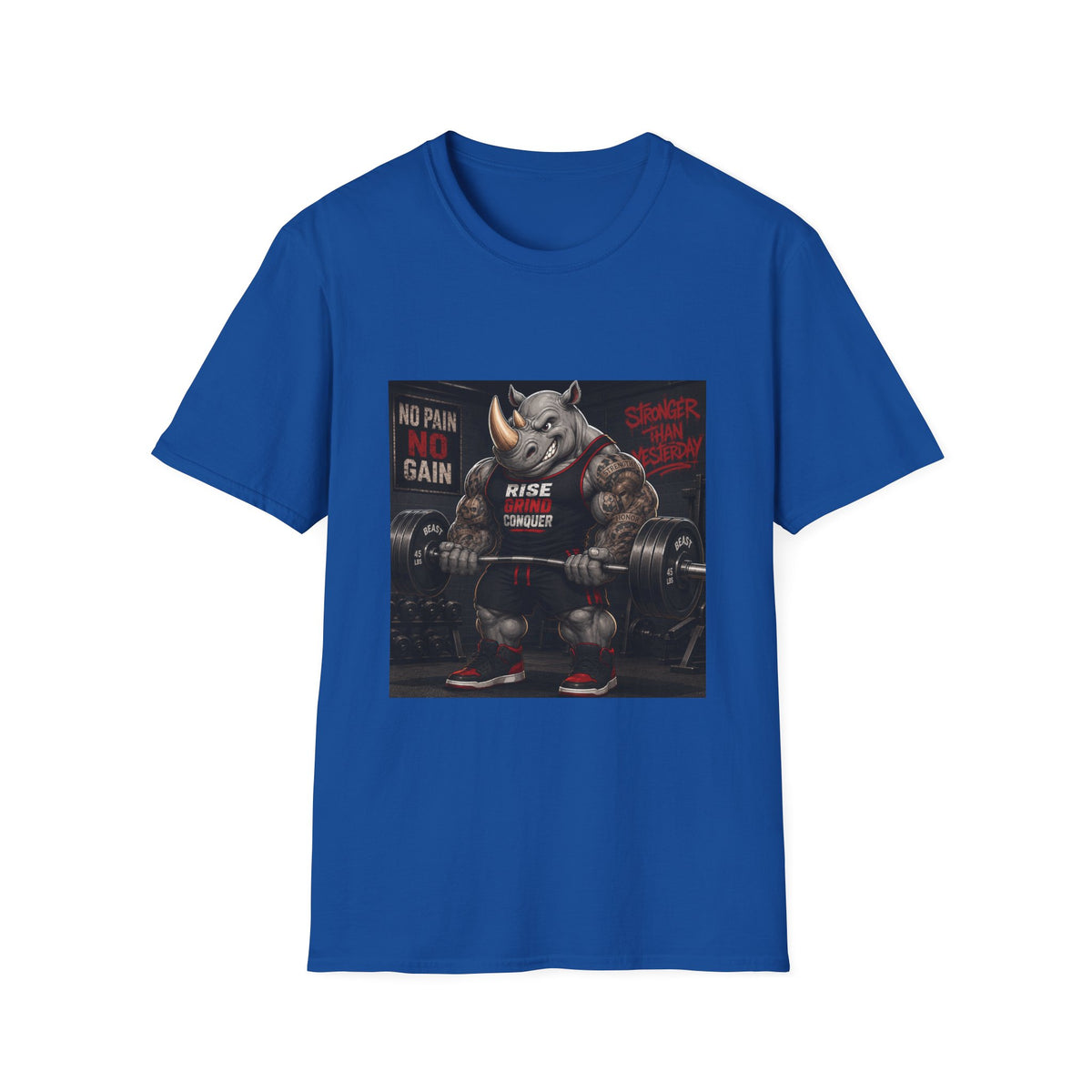 "No Pain No Gain / Rise Grind Conquer" Gym Tee