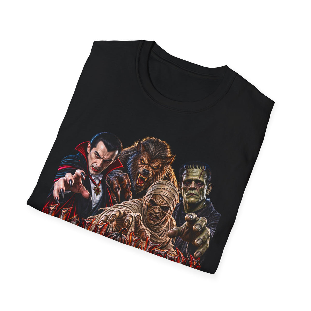 Halloween Classic Monsters T‑Shirt — Dracula, Werewolf, Mummy & Frankenstein Tee