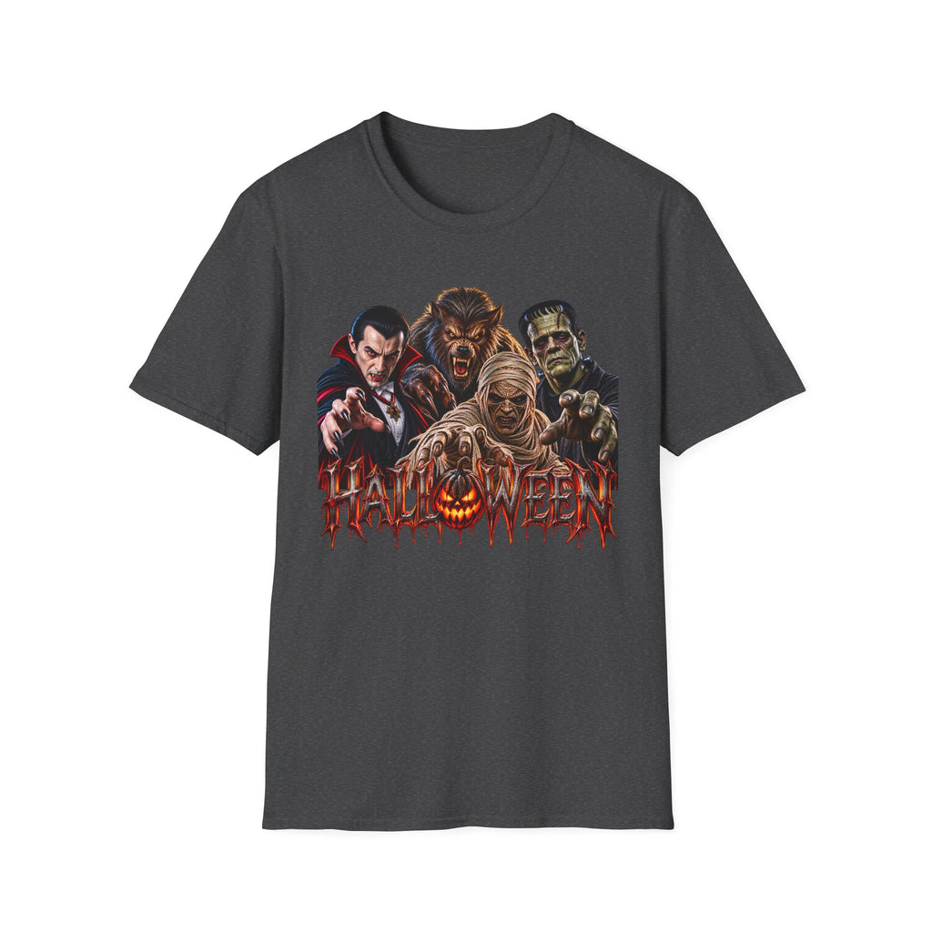 Halloween Classic Monsters T‑Shirt — Dracula, Werewolf, Mummy & Frankenstein Tee