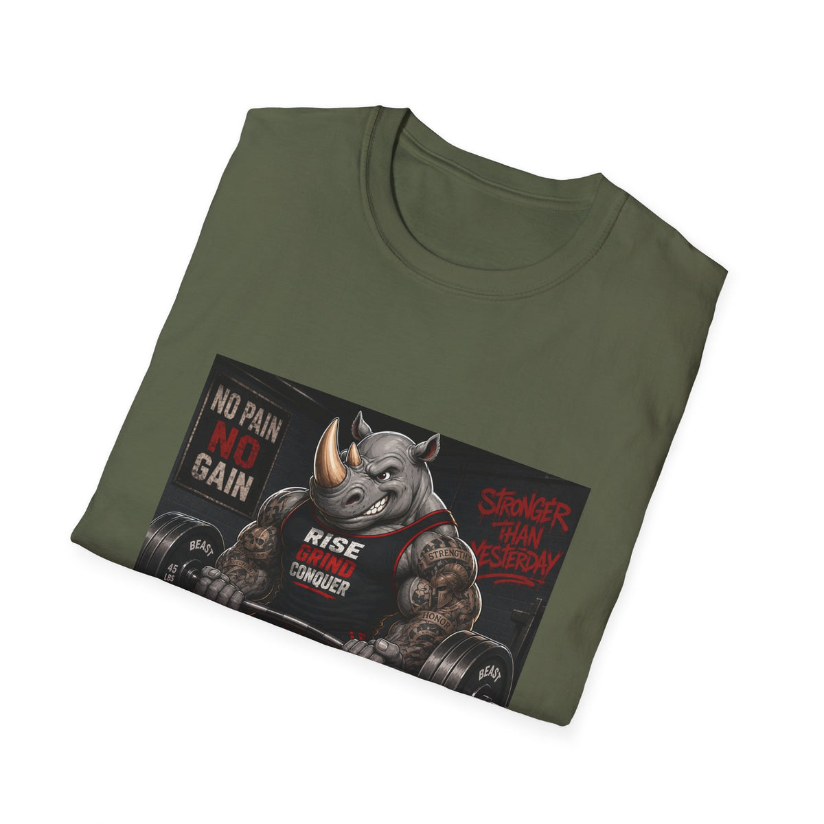 "No Pain No Gain / Rise Grind Conquer" Gym Tee