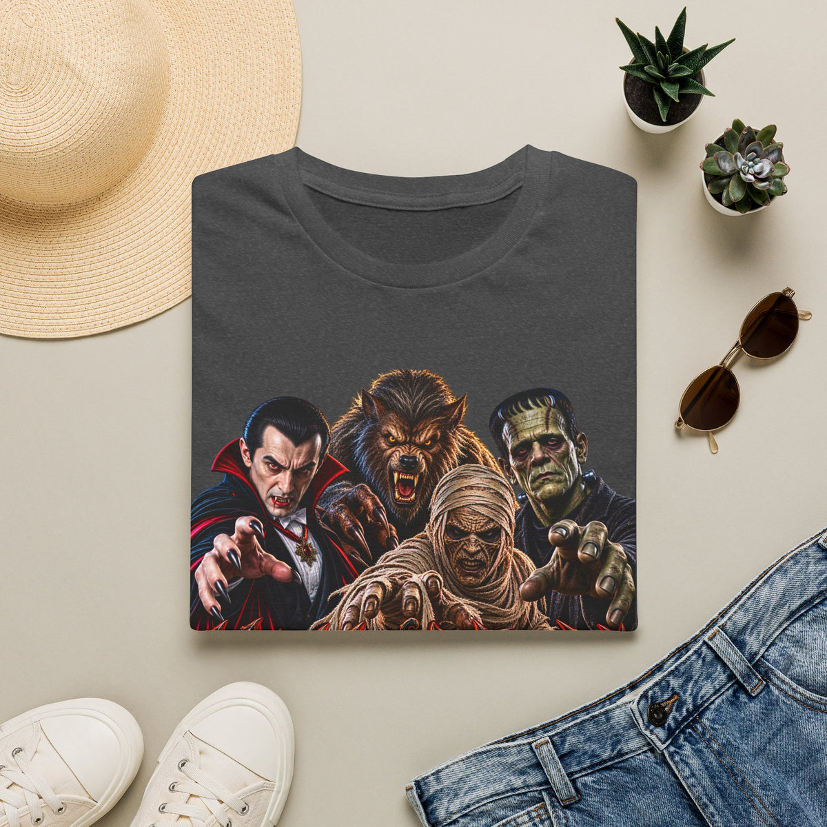 Halloween Classic Monsters T‑Shirt — Dracula, Werewolf, Mummy & Frankenstein Tee