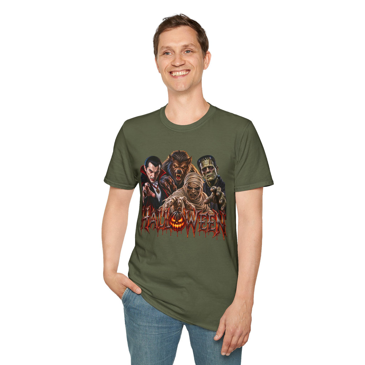 Halloween Classic Monsters T‑Shirt — Dracula, Werewolf, Mummy & Frankenstein Tee