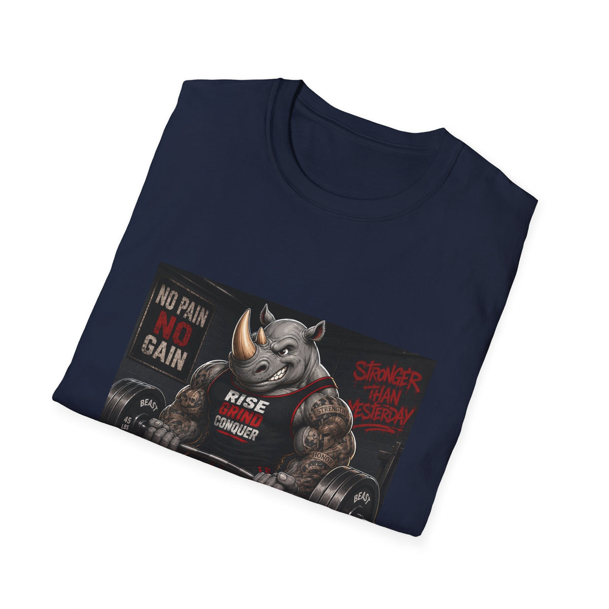 "No Pain No Gain / Rise Grind Conquer" Gym Tee