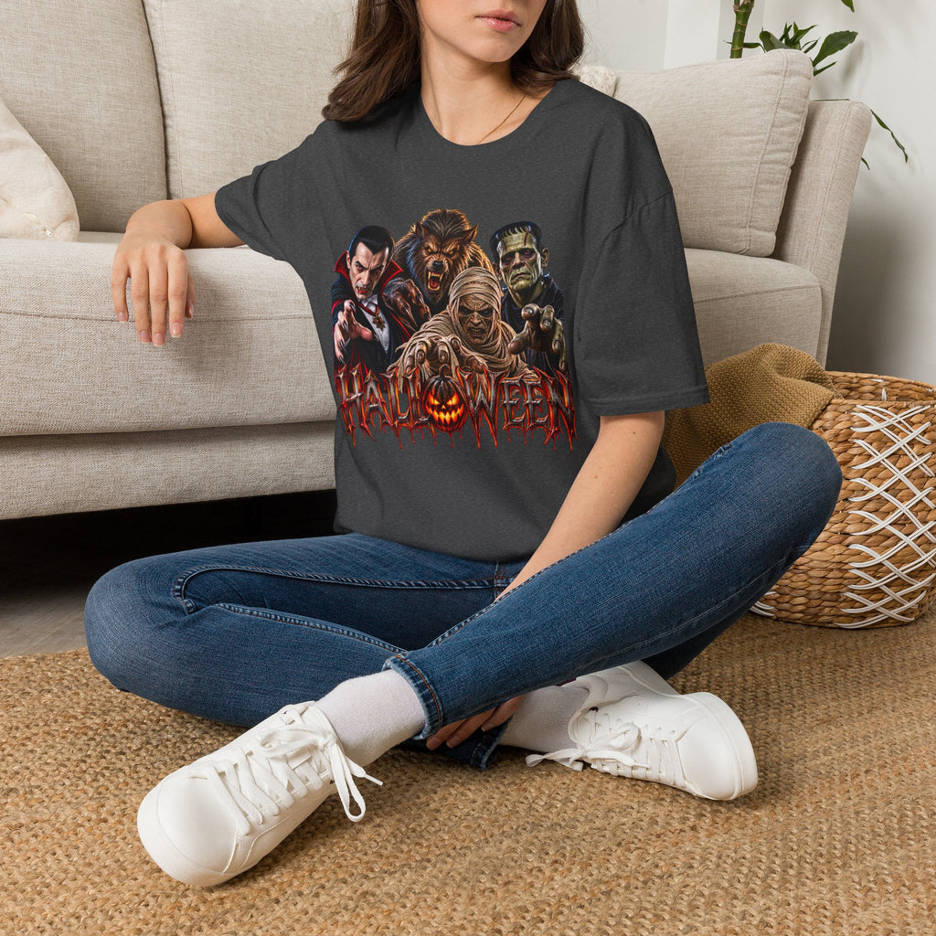 Halloween Classic Monsters T‑Shirt — Dracula, Werewolf, Mummy & Frankenstein Tee