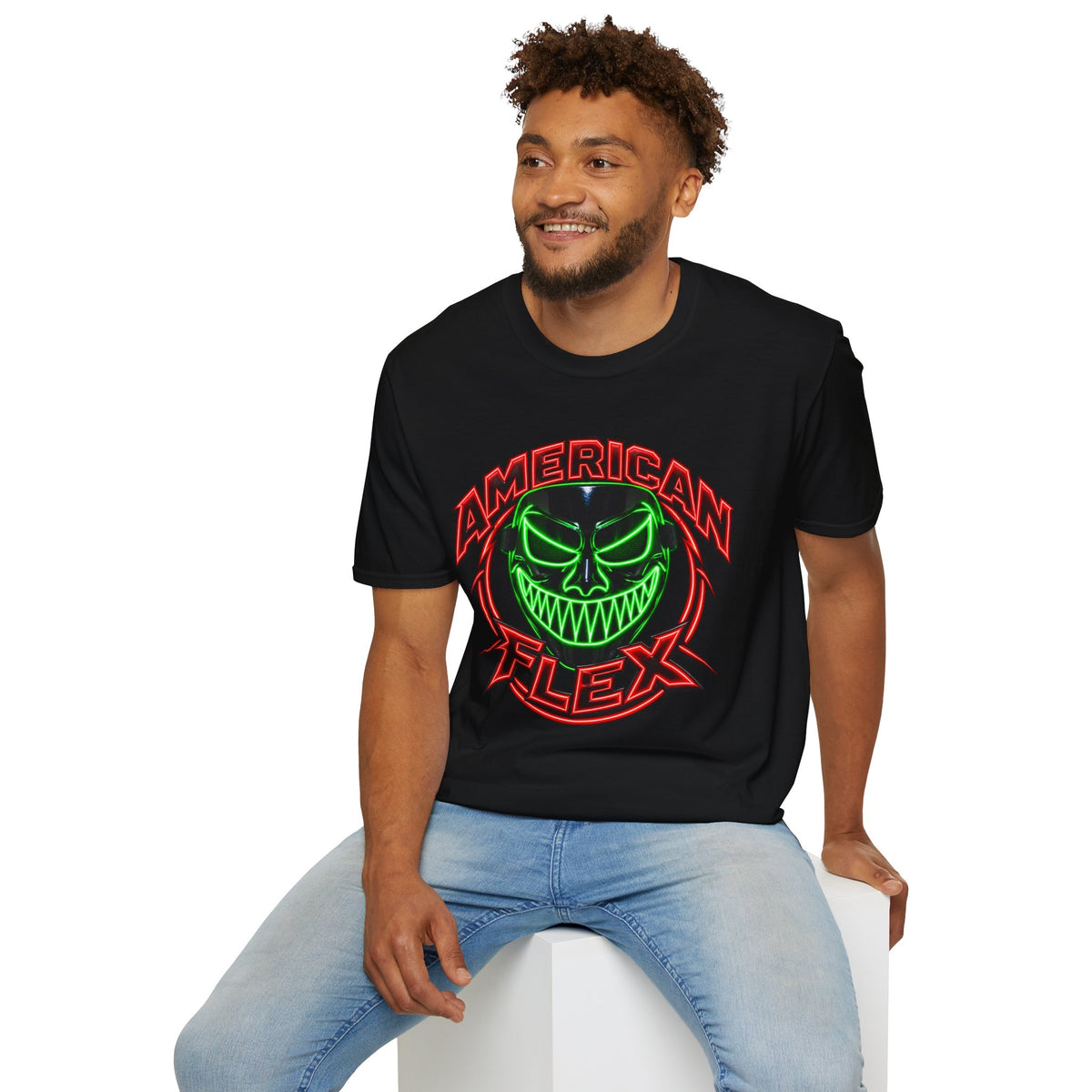 American Flex Graphic T-Shirt — Neon Skull Patriotic Streetwear