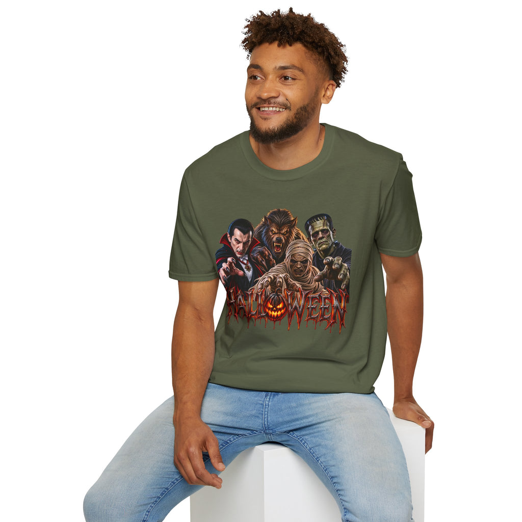 Halloween Classic Monsters T‑Shirt — Dracula, Werewolf, Mummy & Frankenstein Tee