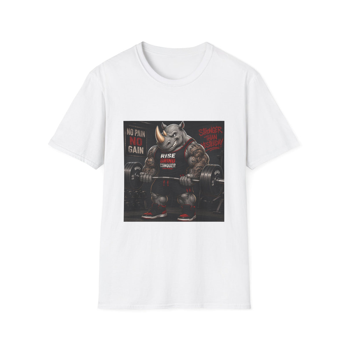 "No Pain No Gain / Rise Grind Conquer" Gym Tee
