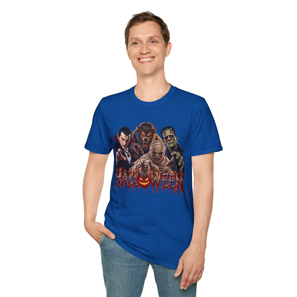 Halloween Classic Monsters T‑Shirt — Dracula, Werewolf, Mummy & Frankenstein Tee