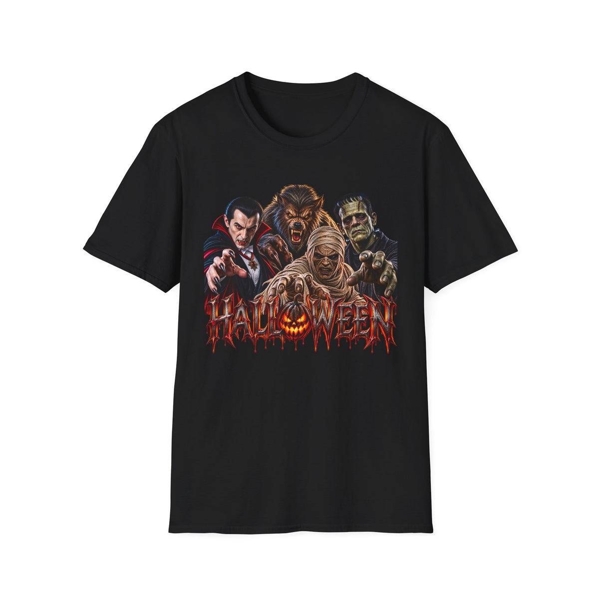 Halloween Classic Monsters T‑Shirt — Dracula, Werewolf, Mummy & Frankenstein Tee